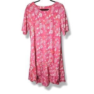 Go Fish Batik Dress L | Pink Fish Print Rayon Boho Resort Midi